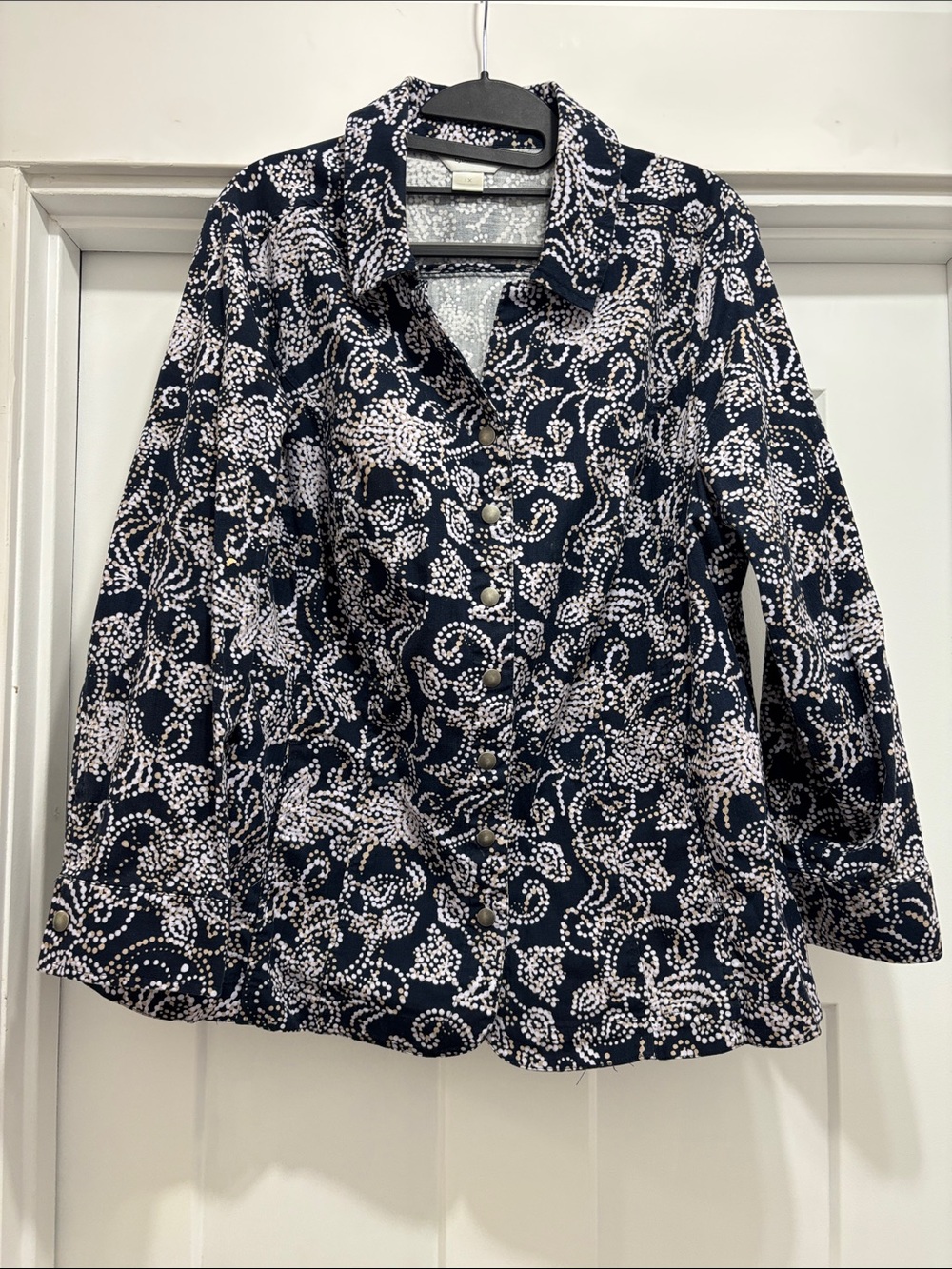 CJ Banks Navy and Lavender Printed Snap-Front Jacket
